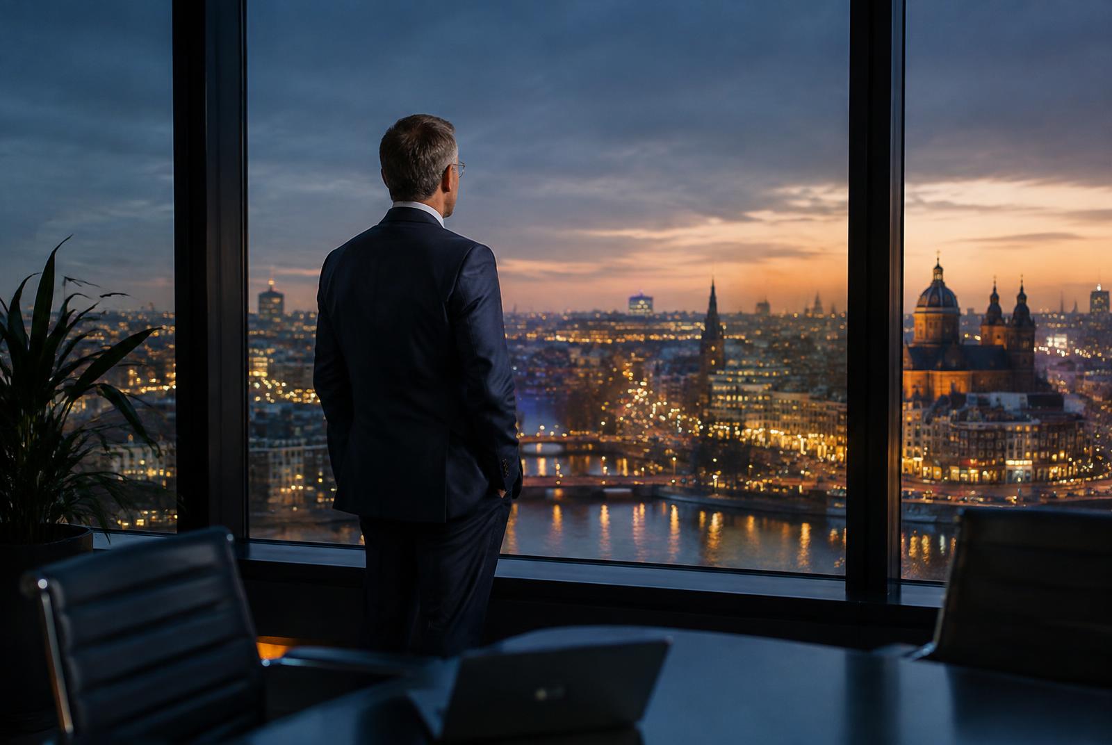 Adviseur kijkt vanuit een vergaderruimte uit over de stad